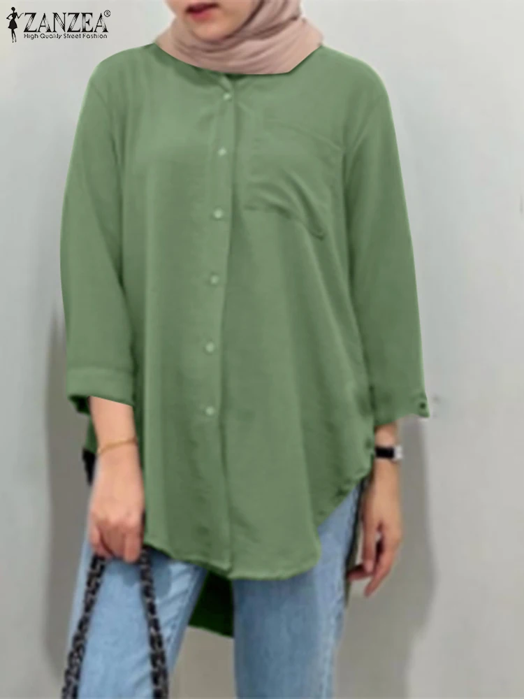 

Summer Lapel Neck 3/4 Sleeve Muslim Blouse 2023 ZANZEA Women Solid Shirt Fashion Casual Tops Dubai Turkey Abaya Hijab Blusas