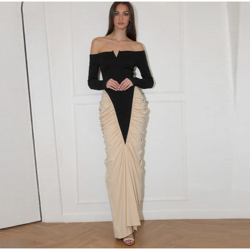 Frauen Patchwork Off-Schulter Midi Kleid Volle Hülse Drapierte Rüschen Unregelmäßige Kleider 2025, Weibliche Neue Tägliche Abend Party robe – Detail 12
