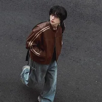 Loose Men's Biker Leather Jacket Stand Collar Spring Autumn Casual Fashion Korean Style Merald Wind Outerwear Top Coat