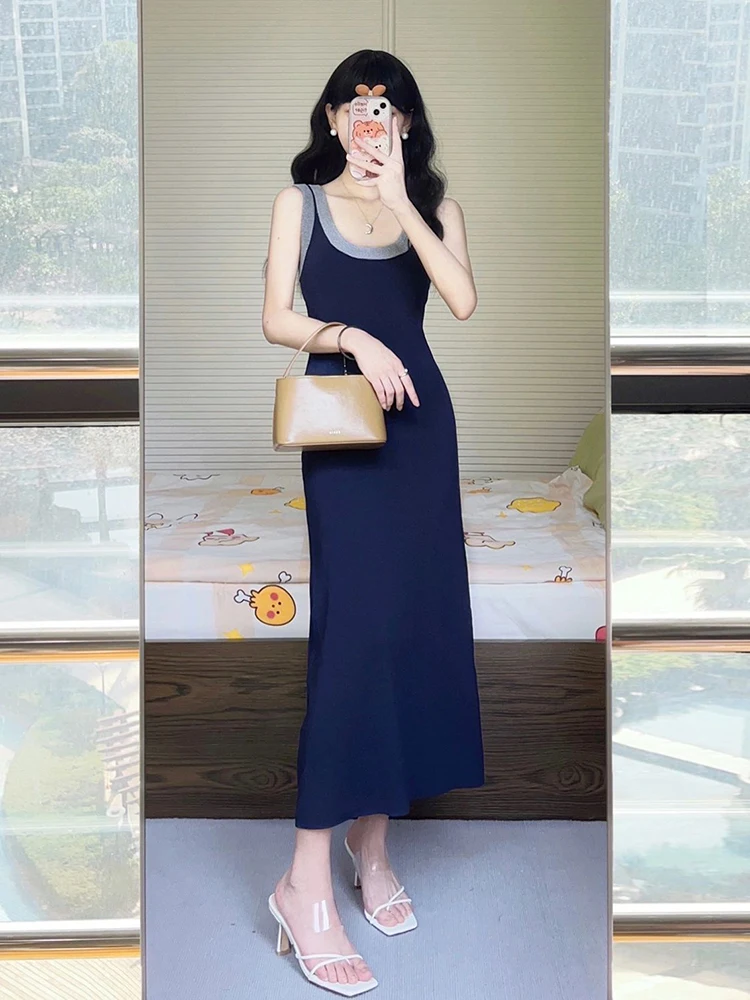 

Women's Hepburn Style Suspender Dress Elegant Slim Fit Simple and Simple Solid Color Long Dress Fashionable and Casual 2024 L271