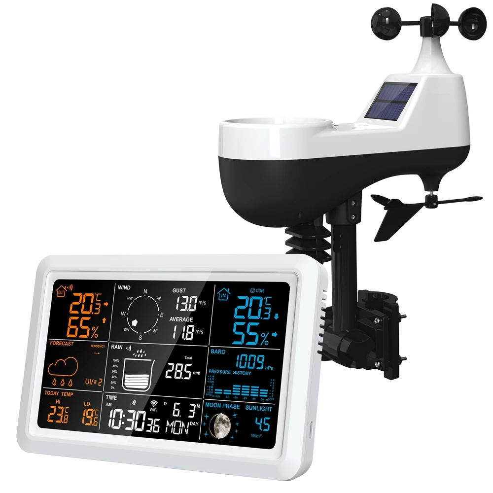 Tuya Wireless Weather Station Auto Alarm Clock Calendar Thermo-Hygro UV Sunlight Wind Rainfall Gauge Solar Panel Forecast Sensor