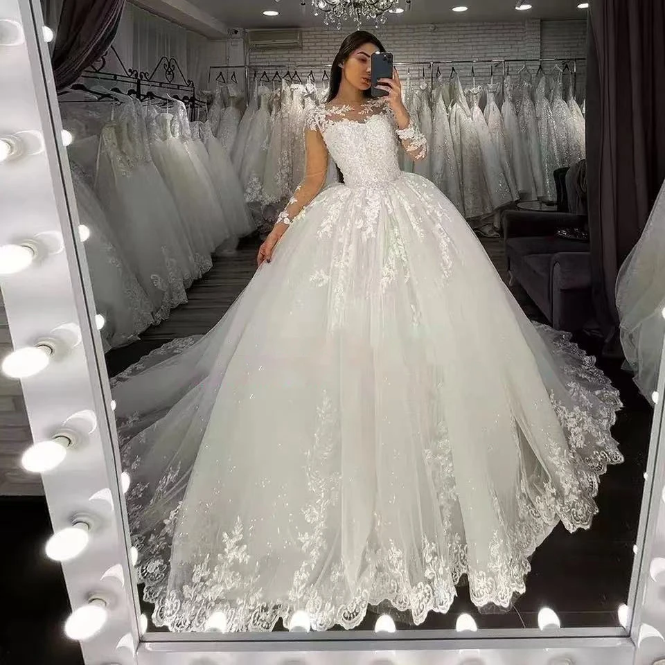 Maßgeschneiderte Illusions-Langarm-Brautkleider 2026 Prinzessin Spitze Applikationen Perlen Ballkleid Brautkleider Vestido De Noiva – Detail 4