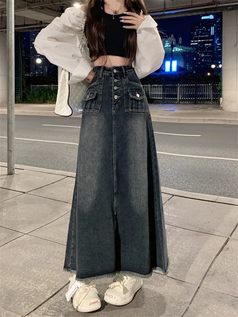 하이 웨이스트 데님 스커트 여성 스커트 여름 2023 새로운 플러스 사이즈 복고풍 디자인 감각 틈새 슬리밍 A 라인 스커트