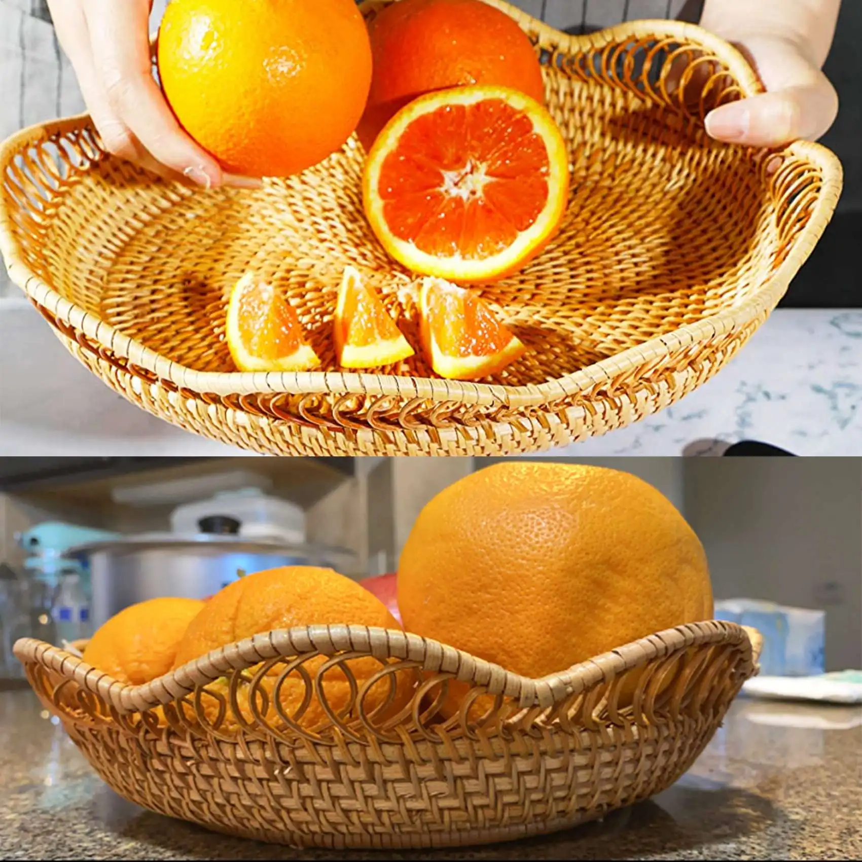 Hand-Woven Rattan Storage Basket Fruit Basket Wicker Woven Tray Restaurant Small Container Home Decoration S-23X5.5cm 5
