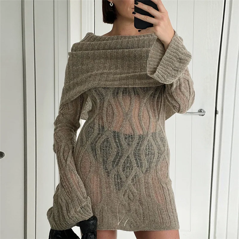 

Women Sexy Slash Neck Shawl Knitt Dress Casual Flare Long Sleeve Solid Mini Dress Elegant Crochet Perspective Loose Party Dress