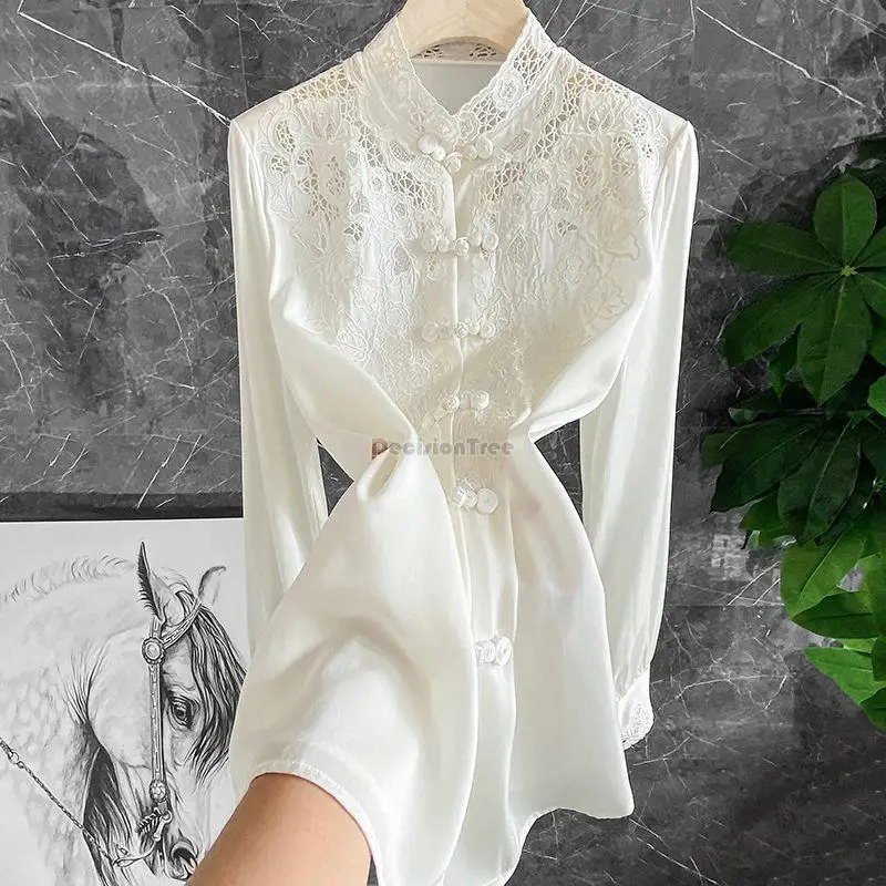 

2023 chinese women lace embroidery disc buckle white stand collar blouse spring hollow-out design elegant fashion tang suit top