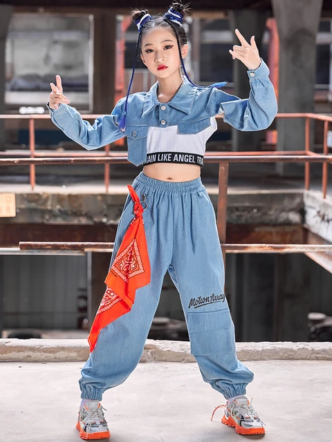 2023 Girls Hip Hop Clothes Denim Tops Pants Jazz Dance Costume