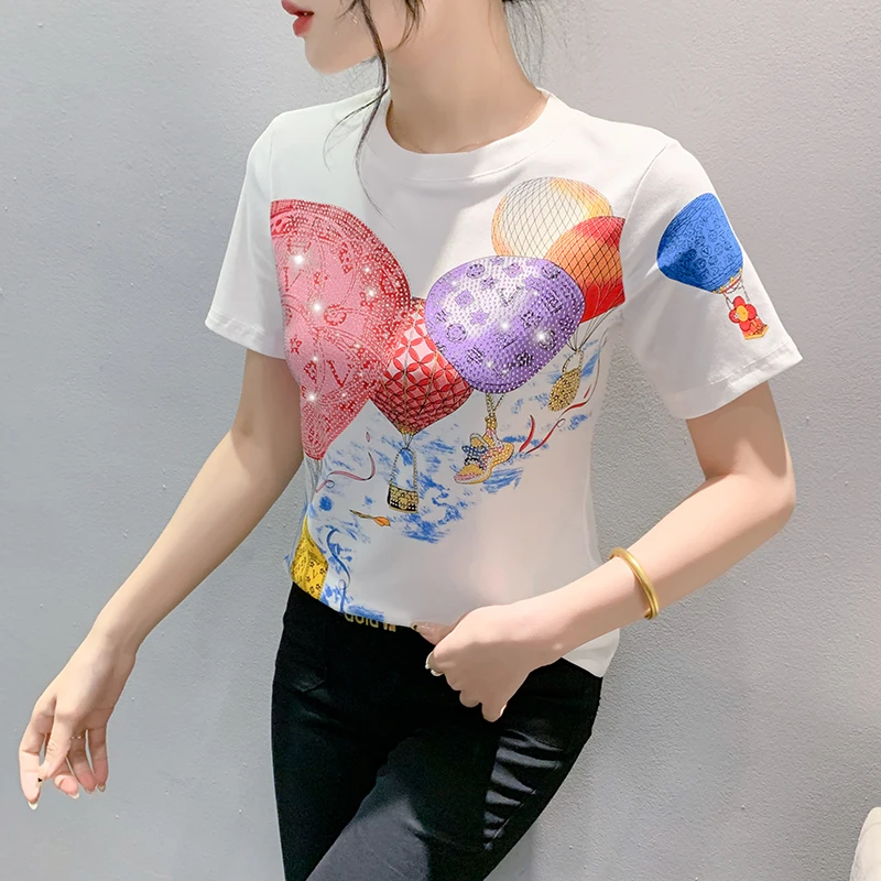 

Женская хлопковая футболка с коротким рукавом, свободная футболка в европейском стиле с блестящими бриллиантами и воздушными шарами, лето 2024