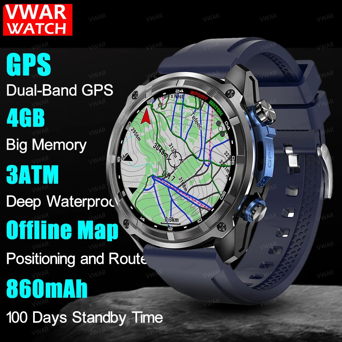 VWAR DTG1 GPS Smart Watch 6 Satellite Navigation Offline Maps Sports Watch 3ATM Waterproof Compass Heart Rate Men's Smartwatch