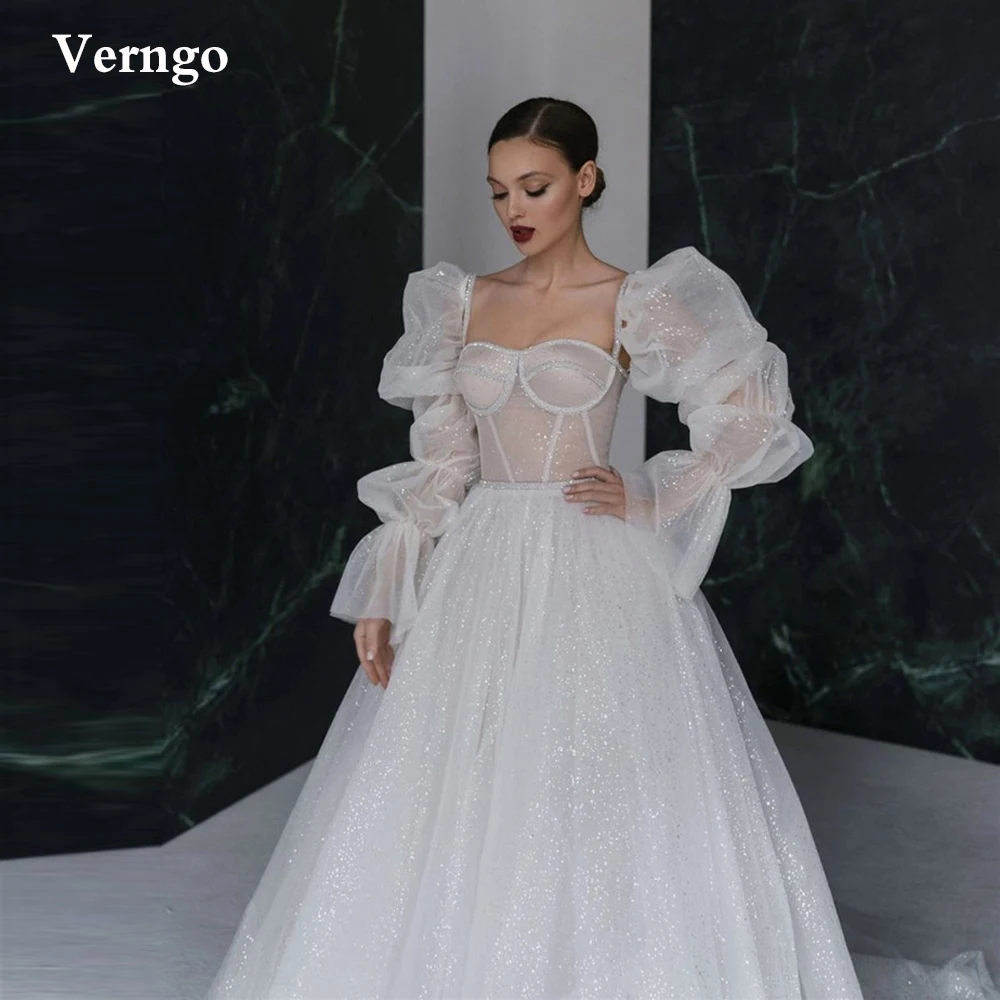 

Verngo 2022 New Glitter A Line Wedding Dresses With Detachable Puff Long Sleeves Sweetheart Sweep Train Modern Bridal Gowns