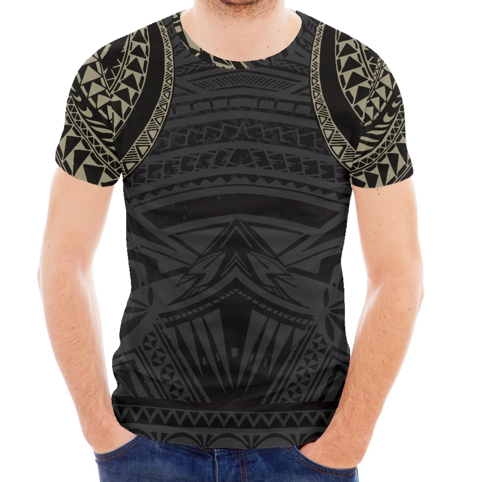 

Black New Tattoo Design Print Polynesian Samoan Style Fashion Casual Short Sleeve Men's Slim T-Shirt Spring/Summer Season