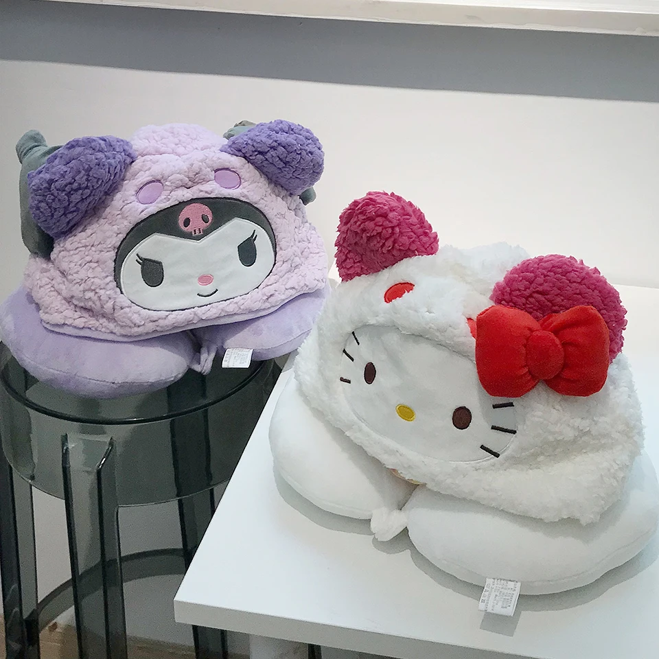 Cartoon Kuromi U-shaped Hooded Neck Pillow My Melody Hello Kitty Travel Blackout Nap Pillow With Hat Office Girl 2