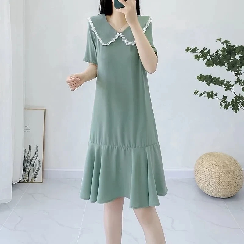 

Women Dress Summer Short Sleeve Black Green Short Dress A-Line High Waist Casual Loose Dress Chiffon Vestidos