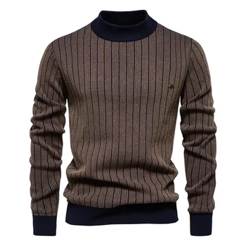 Maglione da uomo autunno inverno collo mezzo alto casual caldo slim fit maglieria moda di alta qualità pullover a righe maschili abbigliamento da uomo 1