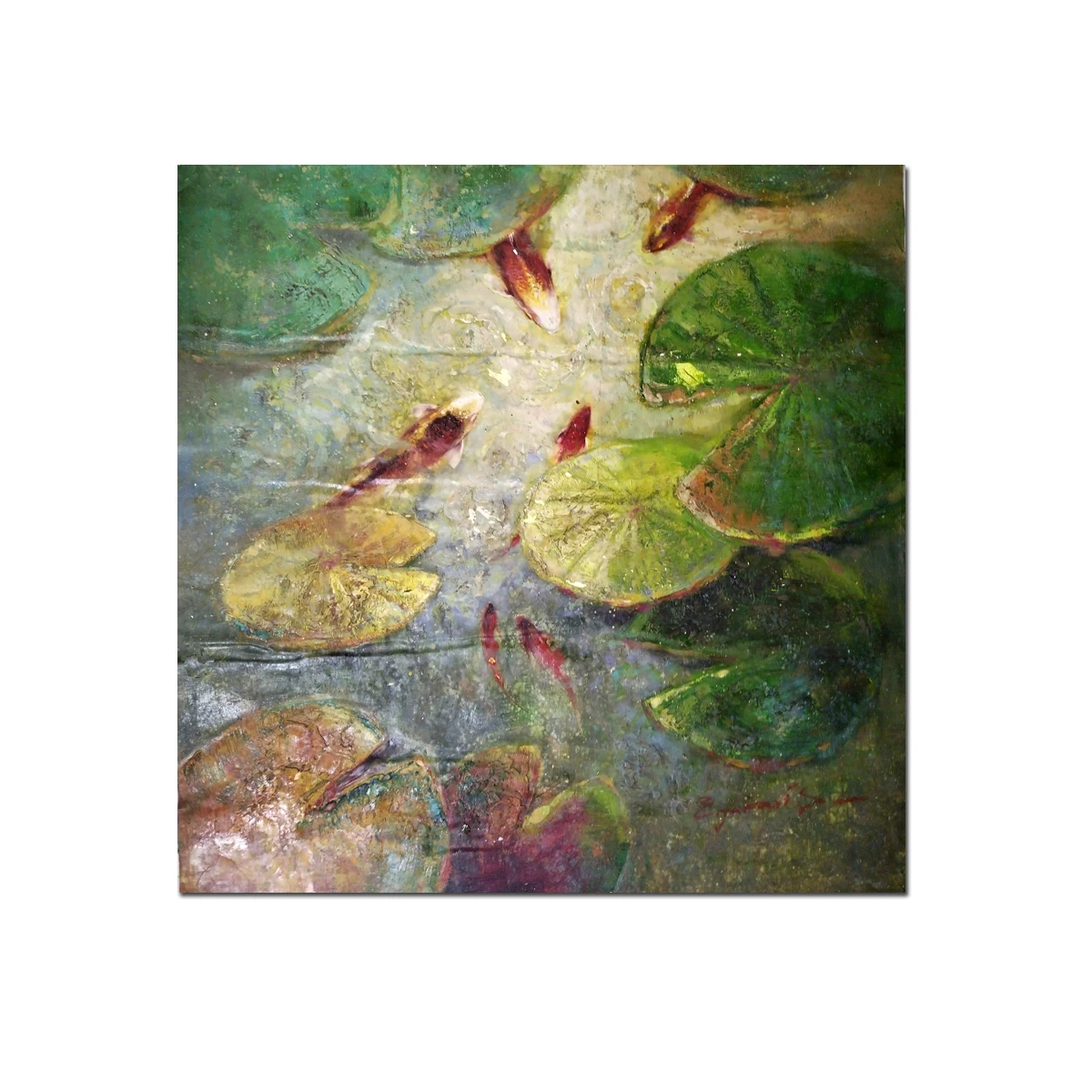 Dipinto A Mano Pittura A Olio Classica Koi Carp Fish Pond Leaves Lotus Flower Landscape Riproduzione Canvas Wall Art Home Decor