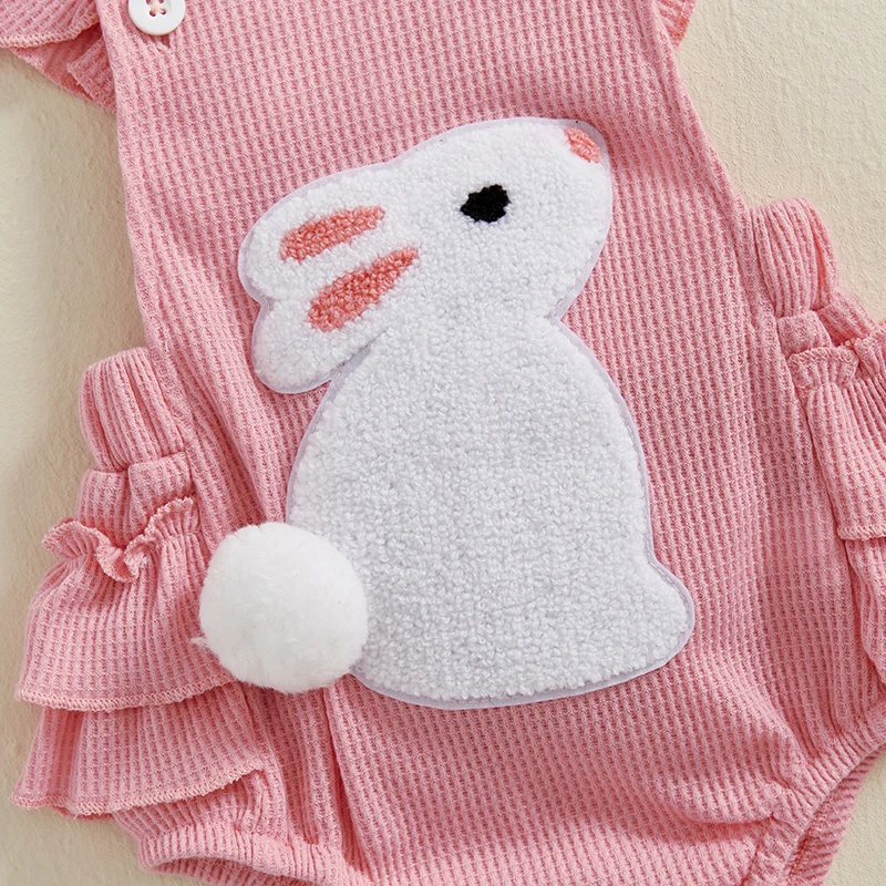 Newborn Baby Girl Easter Outfit Carrot Embroidery Romper Waffle Ruffle Bodysuit Headband Summer Outfit 0-18M 6