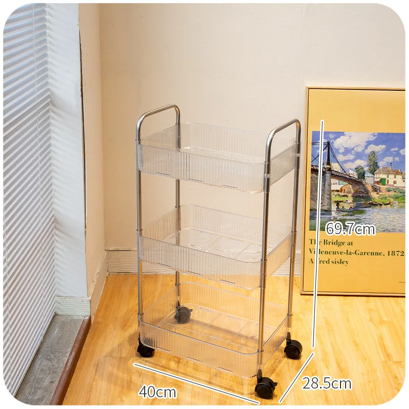 

Clear Acrylic Small Cart Cosmetics Bedside Bedroom Living Room Snack Storage Shelf Bathroom Mobile Shelving