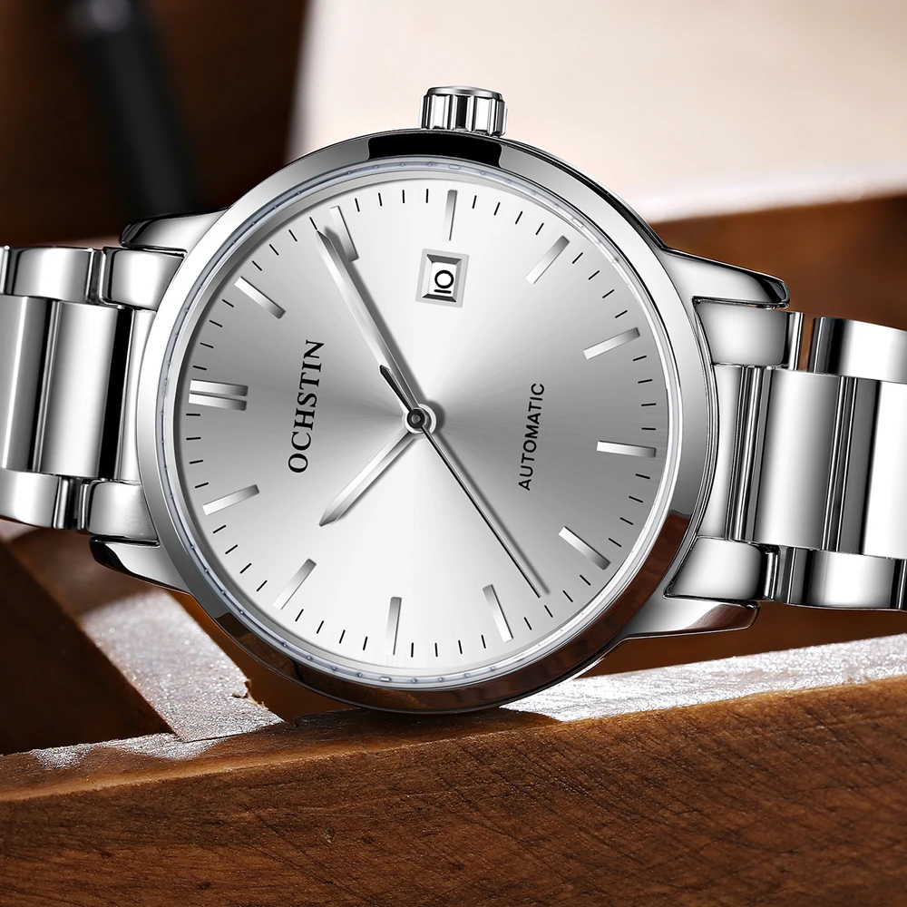 OCHSTIN Luxury Brand Silver Blue Automatic Mechanical Watch Auto Calendar Display Business Mens Wristwatch Stailness Steel Band