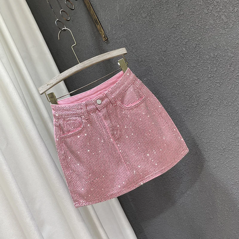 Personality Diamond Splice A-line Denim Skirt for Women's Streetwear High Waist Solid Color Slim Wrap Hip Skirts Female Summer