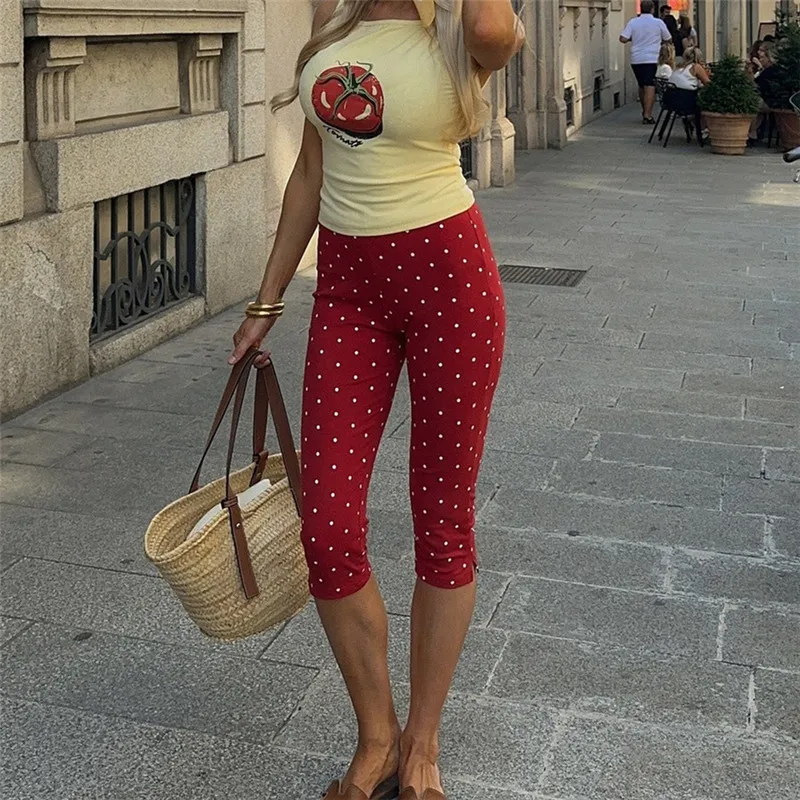 Women Y2k Polka Dot Printed Capris Cute Low Rise Stretchy Cropped Pants Side Bow Tie Skinny Capri Leggings Going Out Streetwear
