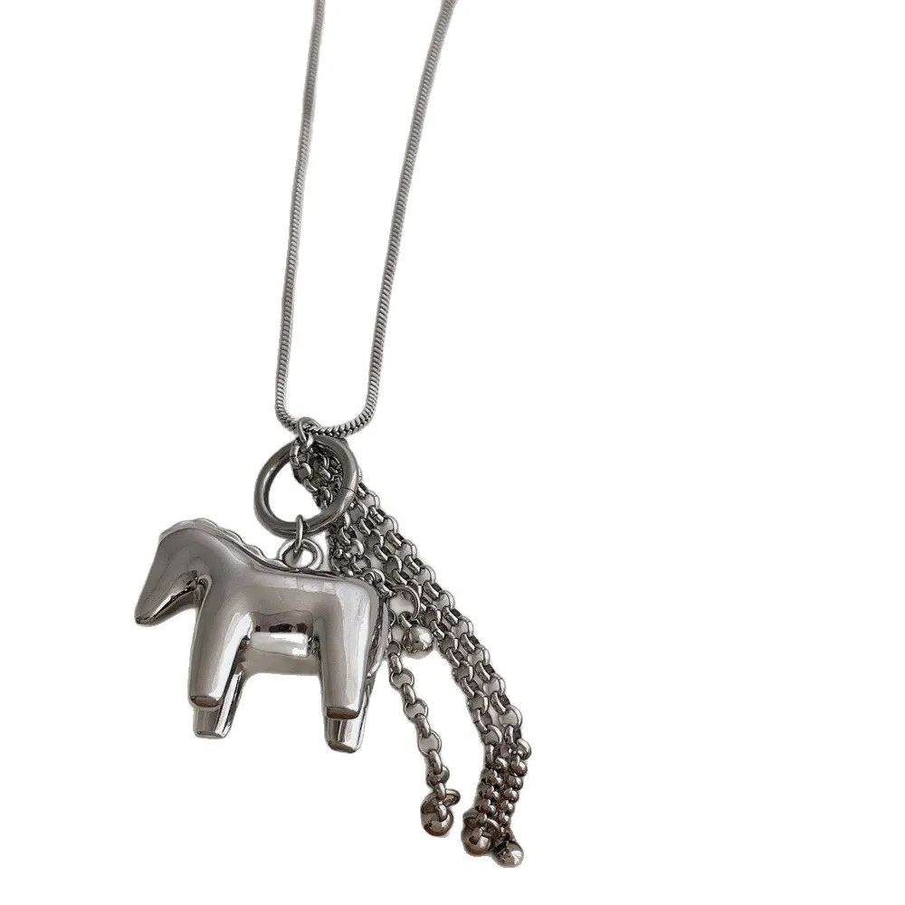 Minar INS Fashion, collana con ciondolo a forma di nappa con catena a forma di cavallo e superficie liscia, per donna, catena a serpente placcata in argento, lunga catena per maglione_voghion.com