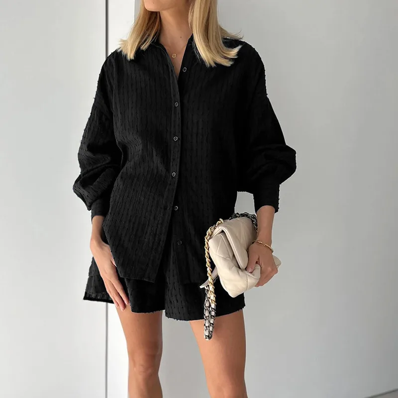 

2024 New Long Sleeved Shirt Jacquard Bubble Sleeves Temperament Top Exquisite Shorts Commuting Luxury Casual Set Multicolour