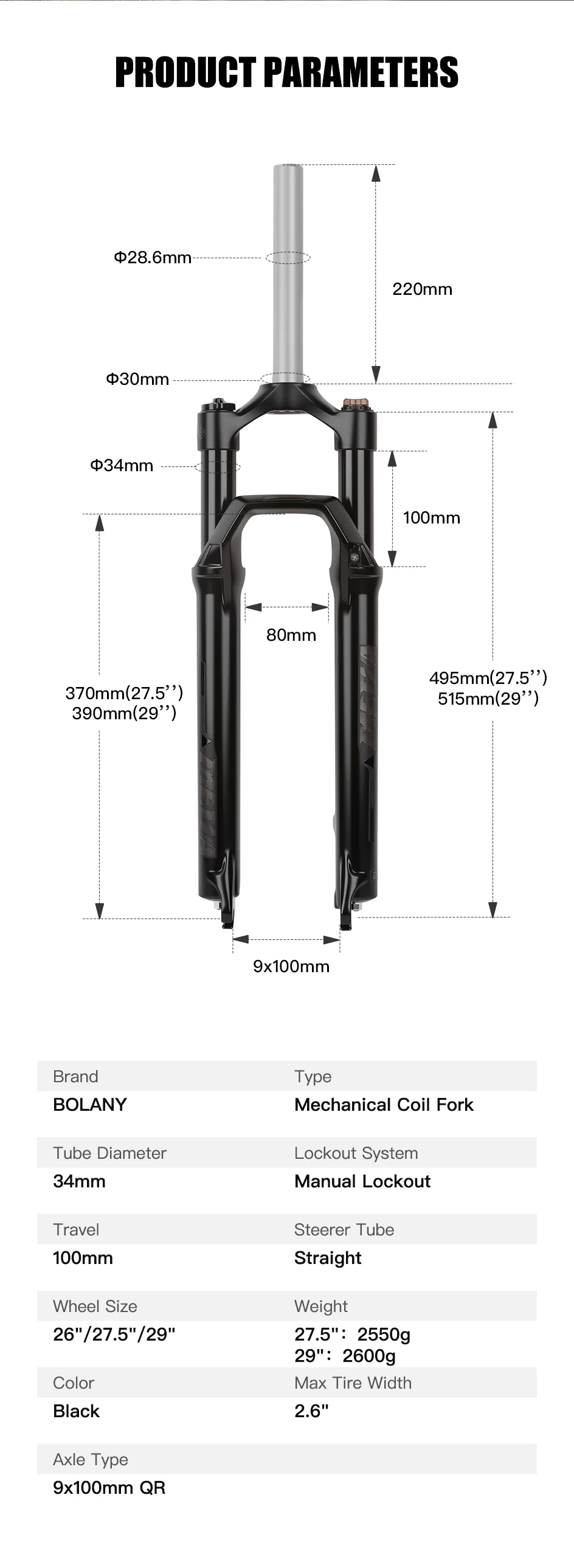 Description Picture 3 of itemBOLANY 27.5/29 Inch Mountain Bike Spring Fork MTB Suspension Fork Lock Shock 100mm Travel Aluminum Alloy Bicycle Suspension Fork