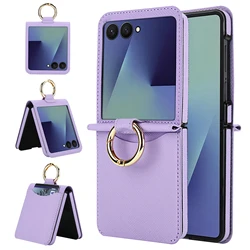 Elegant Leather Wallet Phone Case with Card Slot and Ring Holder Grip - Shockproof Cover - Galaxy Z Flip5 (PURPLE)