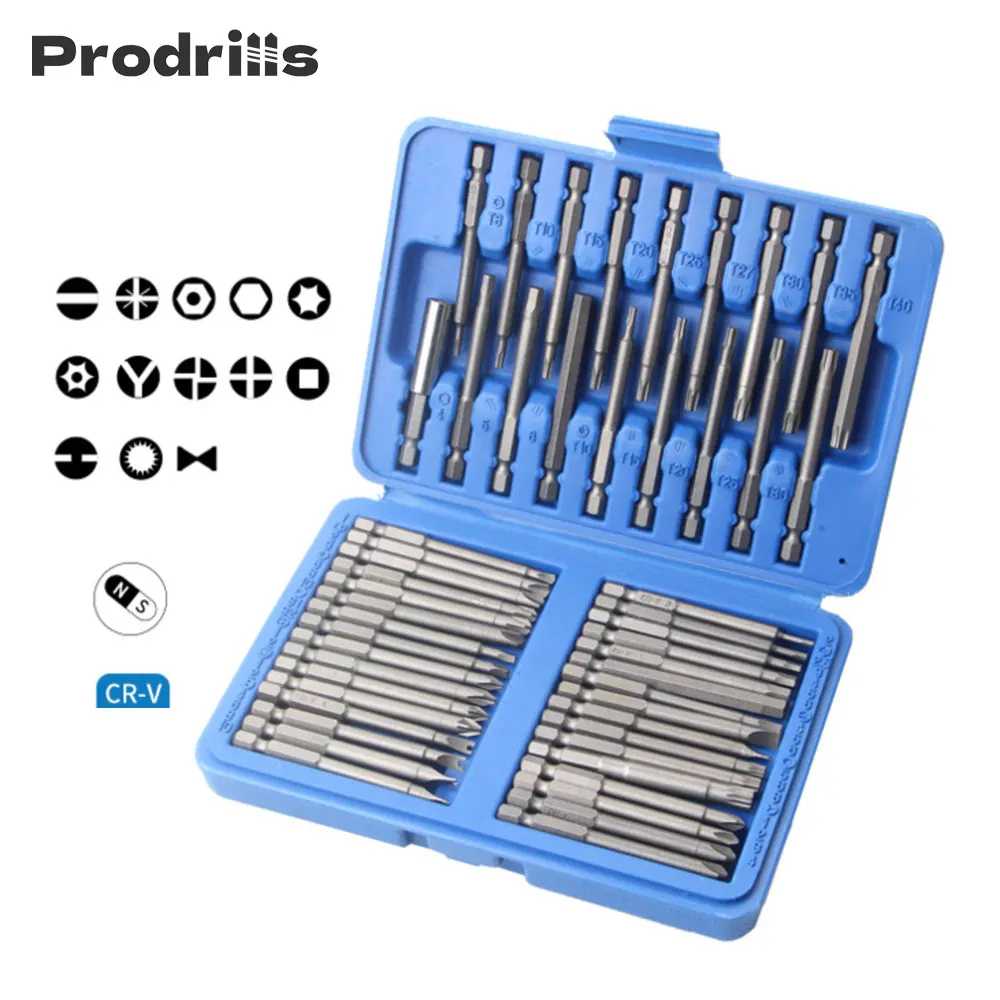 

Prodrills 50 PCS Magnetic Screwdriver Bit Set 75mm Extra Long Security Torx Hex Star Bits Philips Square Spanner Bits