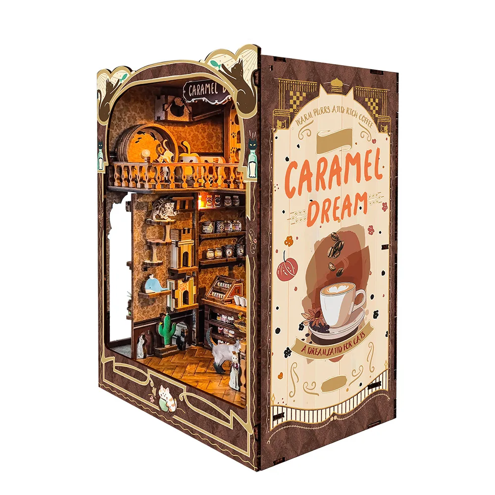 DIY Wooden Caramel Dream Cottage Book Nook Shelf Insert Miniature Model Kits With Light Bookshelf Bookend Friends Birthday Gifts 6