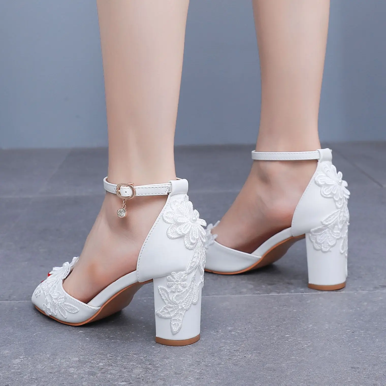 S22799e7d4f364fd1b54d594569bf9429p Elegant White Lace Pearl Ribbon Open Toe High Heels for Weddings