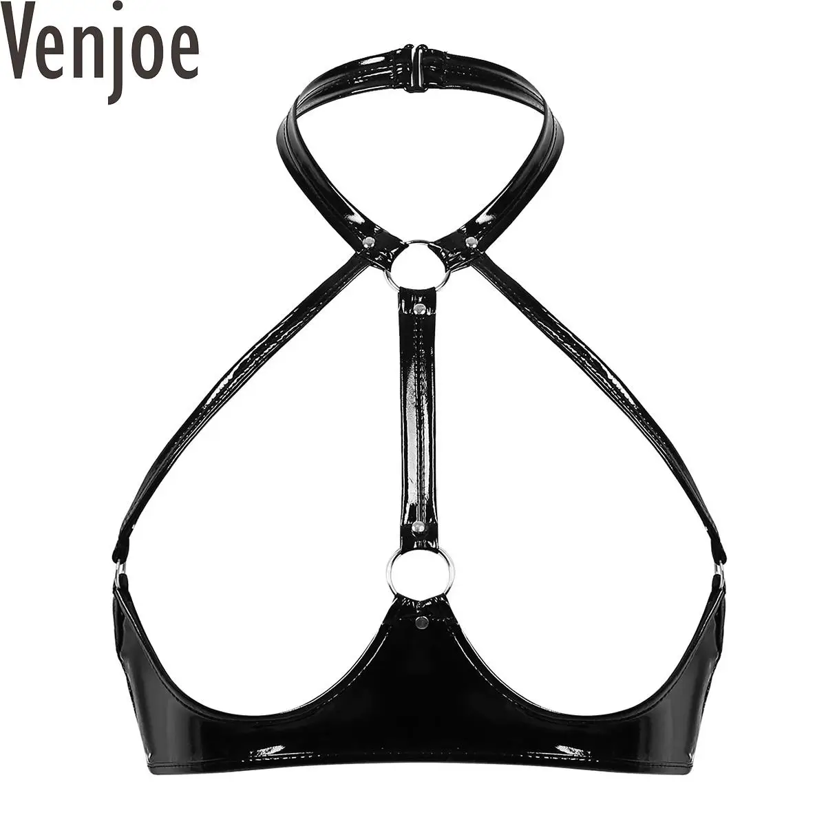 Women Bra Wet Look Patent Leather Bra Top Lingerie Chest Harness Halter Neck Backless Bralette Open Bust Wire-free Bra Rave Party