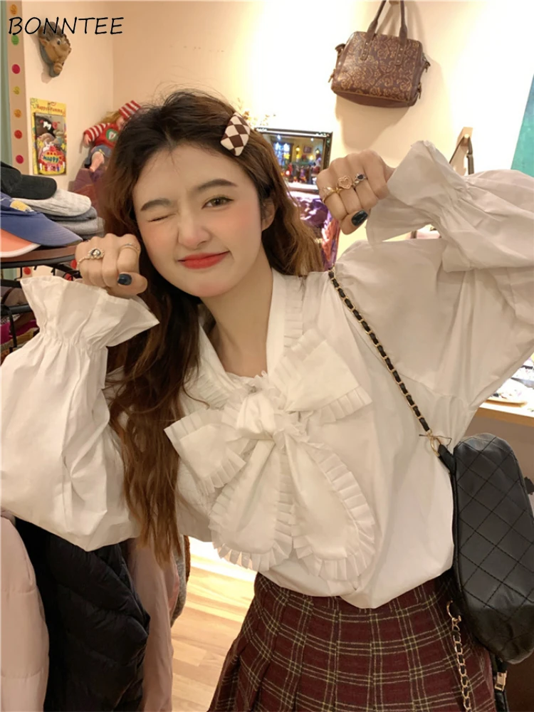 

Shirts Women Solid Bow Simple Lovely Designed All-match Ins Daily Students Charming Delicate Korean Style Basics Stylish Elegant