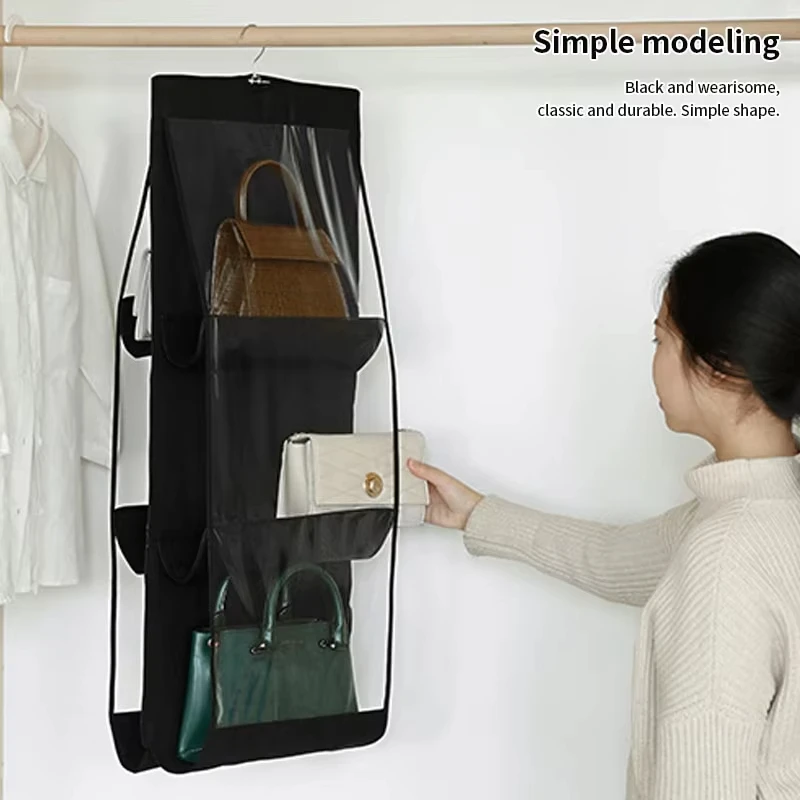 Black Handbag Hanging Organizer Foldable Oxford Cloth Handbag Storage Bag With 6 Pockets For Family Closet Bedroom
