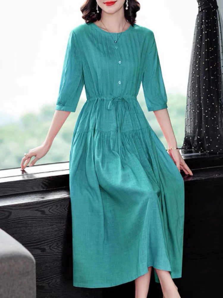 

Dresses for Women 2023 Spring Summer Vintage Round Neck Tucked Waist Long Dresses Elegant Women Clothing Evening Dresses Robe