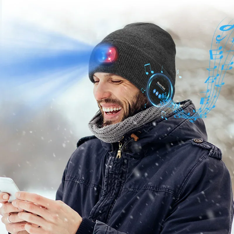 Knitted hat, with LED lights, wireless bluetooth headset, luminous hat, riding safety, headset winter riding warmth