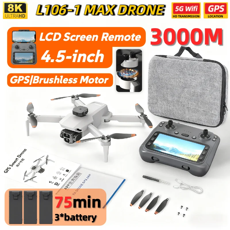 L106-1 MAX GPS 182.2g Lightweight Drone Brushless Motor 4.5" Color LCD Screen Remote Control Adjustable Camera Toy for Boy Gifts