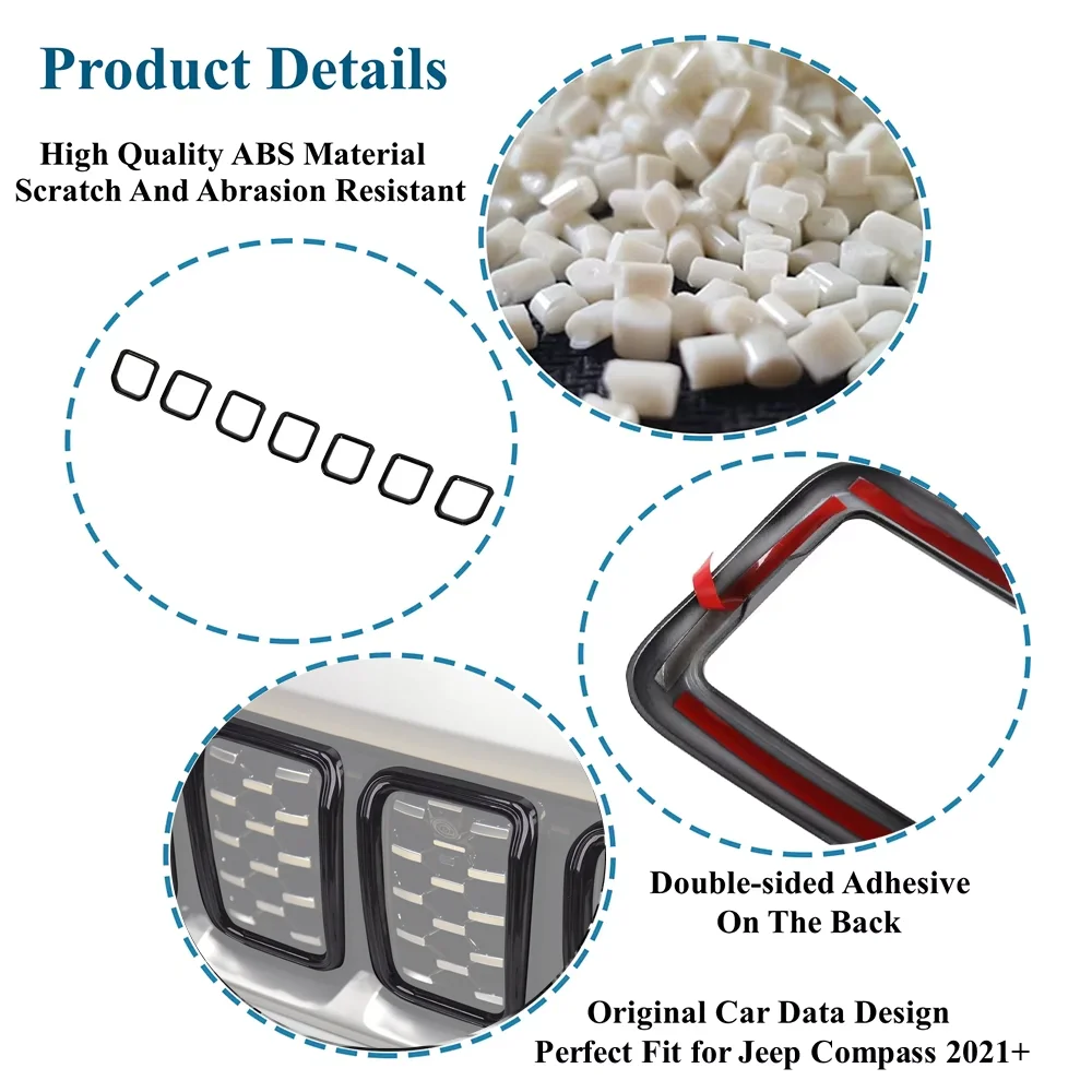Style De Voiture Pour Jeep Compass 2021 2022 Noir Brillant 7 Pièces ABS Calandre Insérer Gril Couverture Garniture Maille Grille Inserts Couvertures