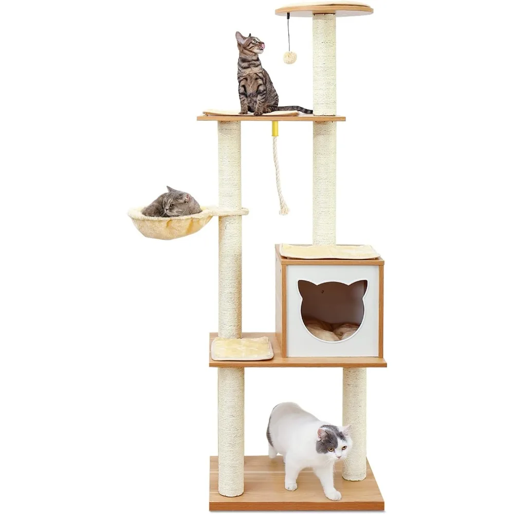 

Cat Tree, Modern Cat Tree Tower for Indoor Cats - 65" Tall Wood Condo with Hammock, Scratching Post and Removable Pads for