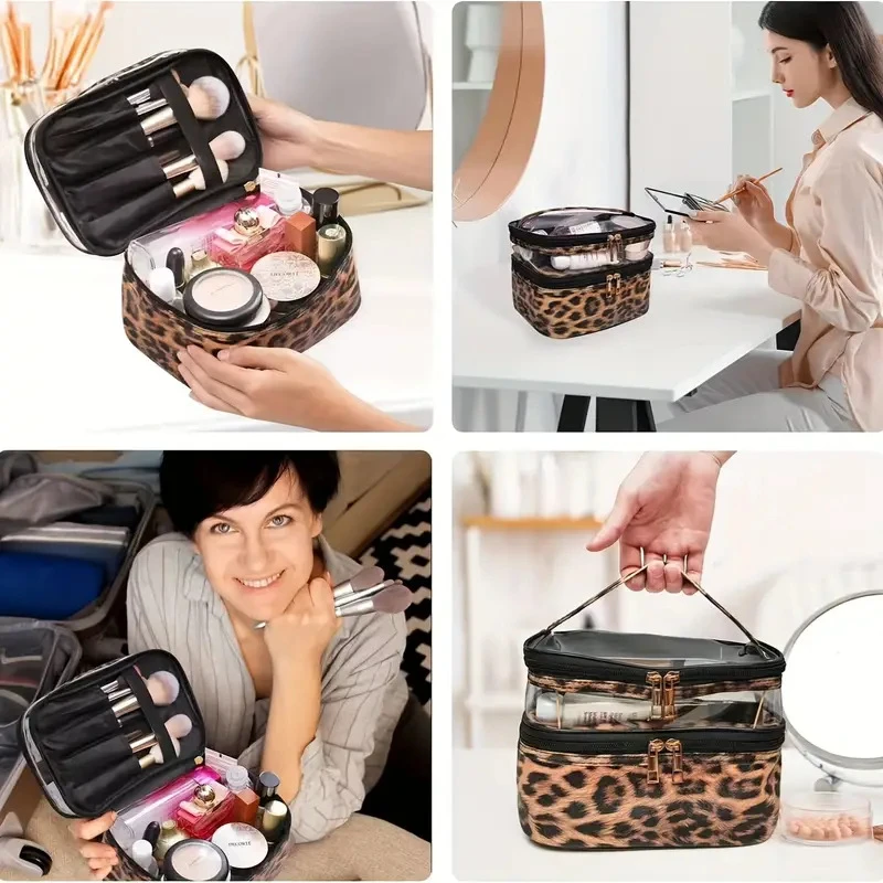 Leopard print PVC Transparent Double-Layer Makeup Bag Large Capacity Waterproof Toiletry Bag Portable Cosmetic Storage Bag 3