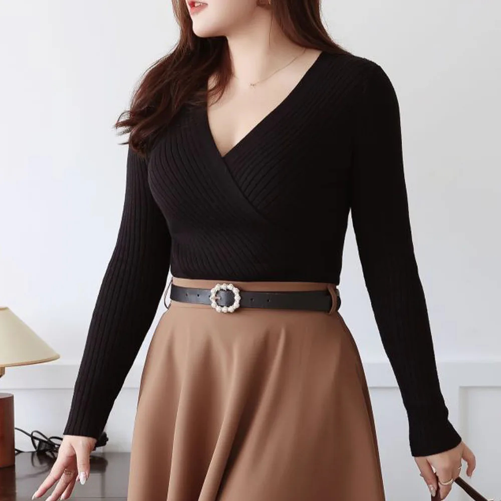 XXXXL Fashion Plus Size Women's Sweater Premium Cross V-Neck Knitted Pullover Gentle Sexy Slim Jumper Autumn Winter 8775