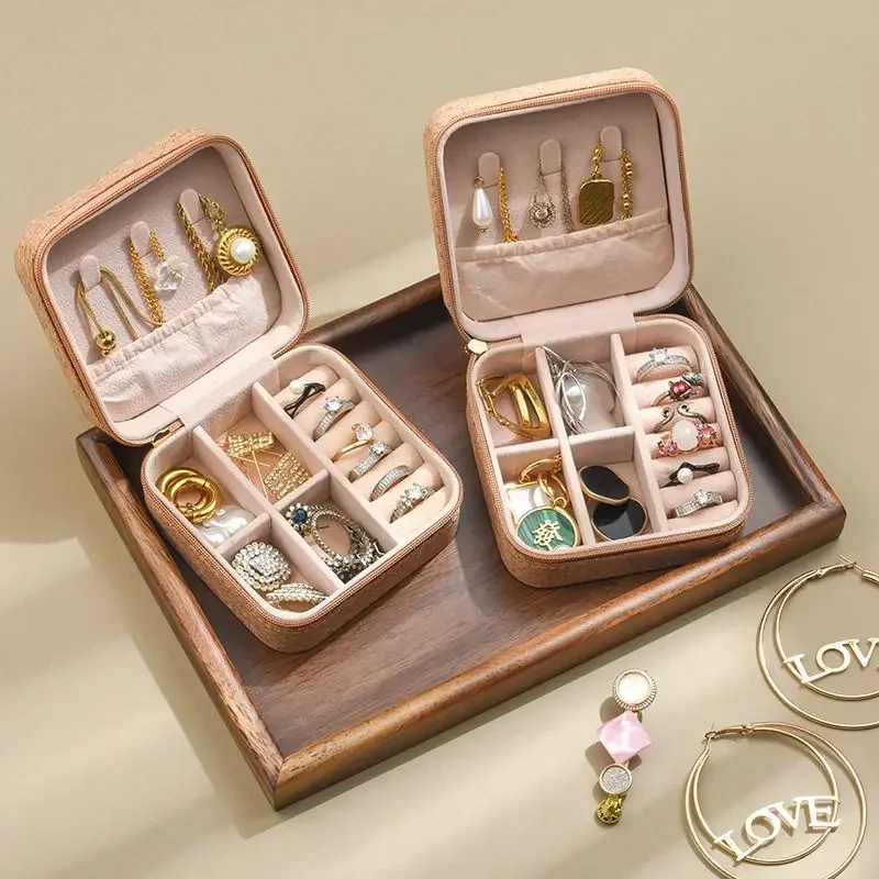 Cork Patterned Jewelry Box with Fashionable Retro Style Portable Travel Jewelry Storage Display Rings, Necklaces, Earrings 5