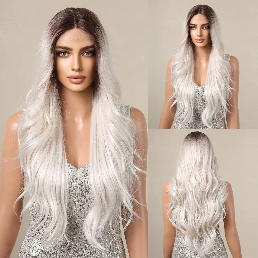 LongWavyLaceFrontSyntheticHairWigsWhiteBlondeOmbreNatural
