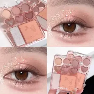 Heart-shaped 8-color eyeshadow tray with blush highlight - matte, glitter, high-gloss effect - pink, berry, brown, tone 5