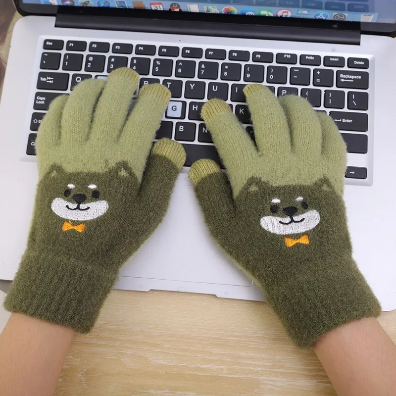 Warm Fluffy Shiba Inu Gloves Cute Cartoon Dog Touchscreen Winter Warmer Women Full Finger Glove Soft Knitted Wrist Mittens 3
