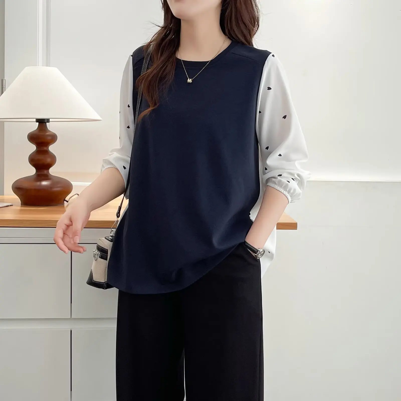 Fashion Plus Size Women's Blouses Autumn New Style Chiffon Patchwork Long Sleeved Top Stylish Fake Two Pieces 2521