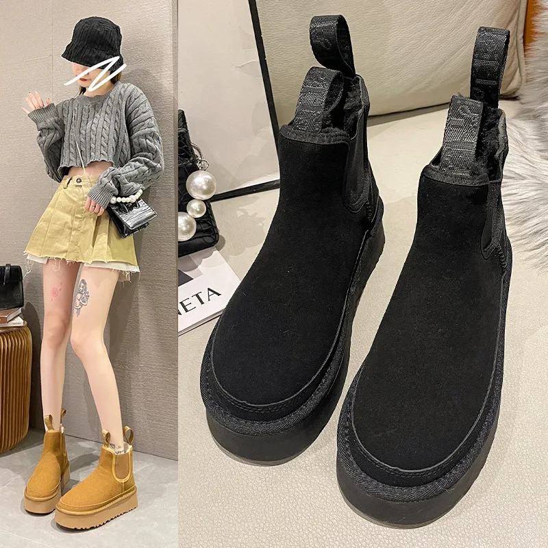 

Boots Women's Rubber Shoes Rain Winter Footwear Round Toe Clogs Platform Boots-Women Flat Heel Plush Mid-Calf Rock Ladies 2023