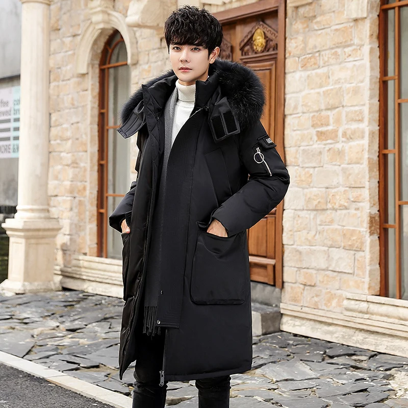 

2022 X-long Down Jackets Men Three-dimensional Pocket Duck Down Jacket with Fur Collar Windproof Warm Parkas Hooded Winter Coats
