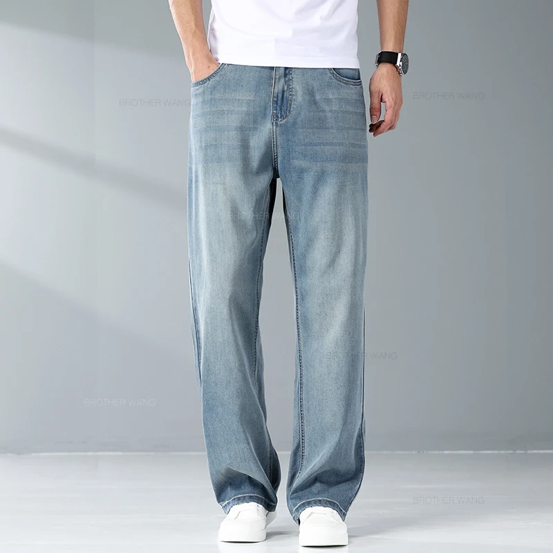 Summer Ice Silk Thin Jeans For Men Loose Wide Leg Plus Size Casual Trousers denim pants denim trousers men trousers High Quality Stretch Soft Fabric Pants