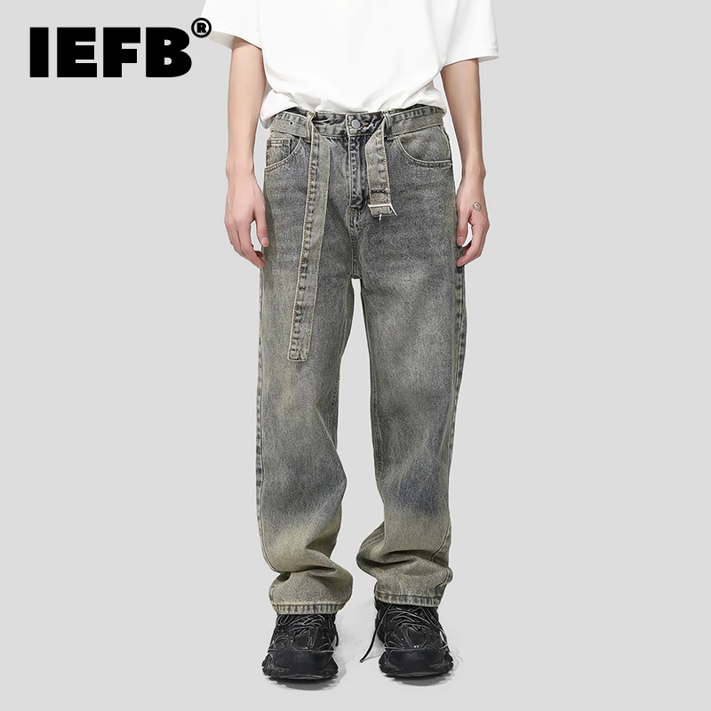 

IEFB Trend Men's Baggy Jeans Hip Hop Retro Belt Niche Design Wide Leg Denim Pants Fashion Vintage Casual Gradual Trouser 9C2520